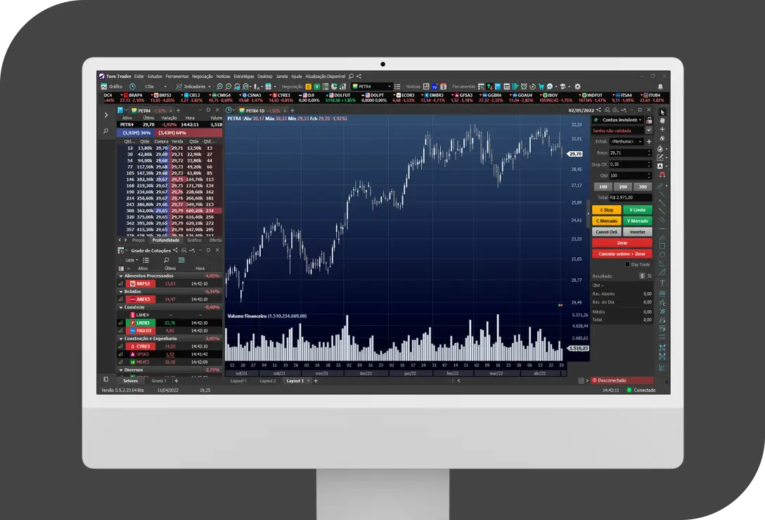 Tela de computador em operação Toro Trader